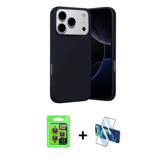 MARSİLYAN™- iPhone 17 Pro Kılıf Ahenk Serisi - Siyah 3D Antistatik Seramik Nano Ekran Koruyucu + Raze Metal Kamera Lens - TU