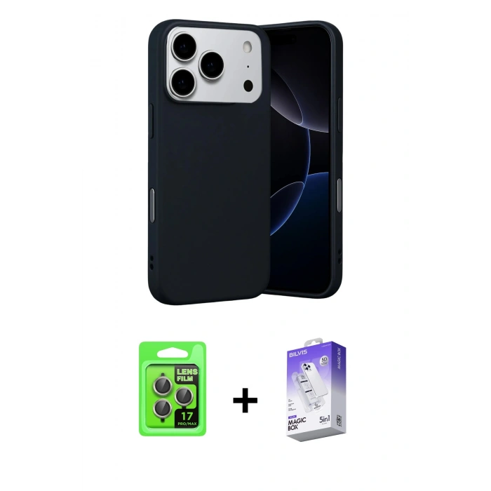 MARSİLYAN™- iPhone 17 Pro Kılıf Ahenk Serisi - Siyah Bilvis 5in1 3D Magic Cam Ekran Koruyucu + Raze Metal Kamera Lens - GI