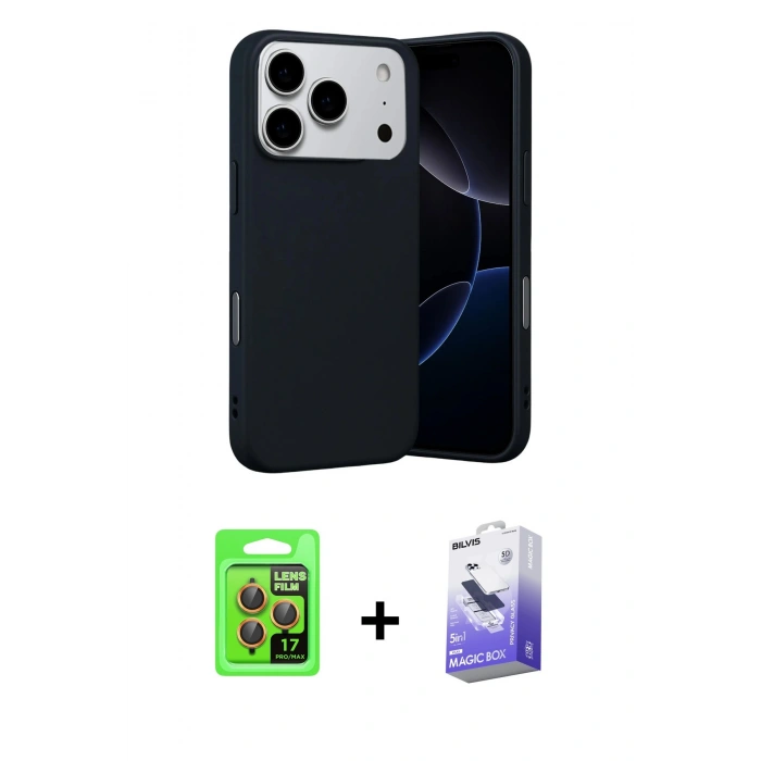 MARSİLYAN™- iPhone 17 Pro Kılıf Ahenk Serisi - Siyah Bilvis 5in1 5D Magic Hayalet Cam Ekran Koruyucu + Raze Metal Kamera Lens - TU