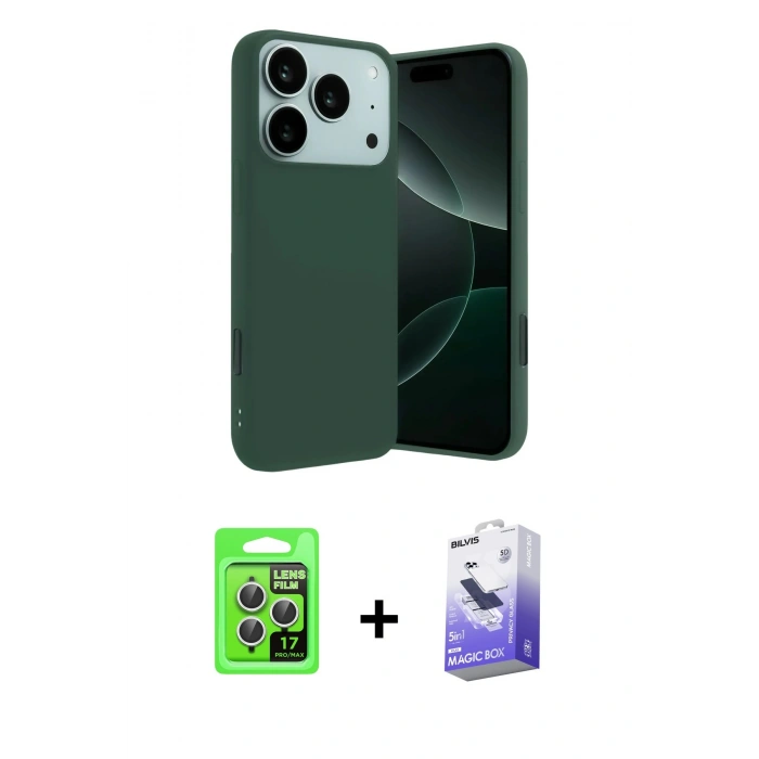 MARSİLYAN™- iPhone 17 Pro Kılıf Ahenk Serisi - Siyah Bilvis 5in1 5D Magic Hayalet Cam Ekran Koruyucu + Raze Metal Kamera Lens - GS