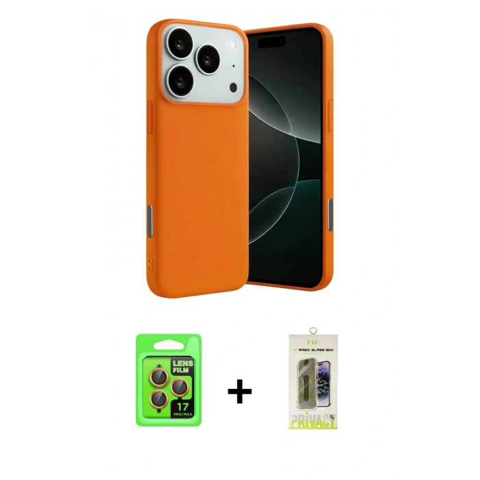 MARSİLYAN™- iPhone 17 Pro Kılıf Ahenk Serisi - Siyah Joko Magic 5D Hayalet Cam + Turuncu Raze Metal Kamera Lens