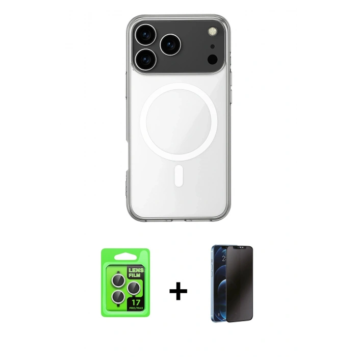 MARSİLYAN™- iPhone 17 Pro Kılıf Ahenk Yansıma Prime - Siyah 3D Antistatik Hayalet Cam Ekran Koruyucu + Raze Metal Kamera Lens - GS