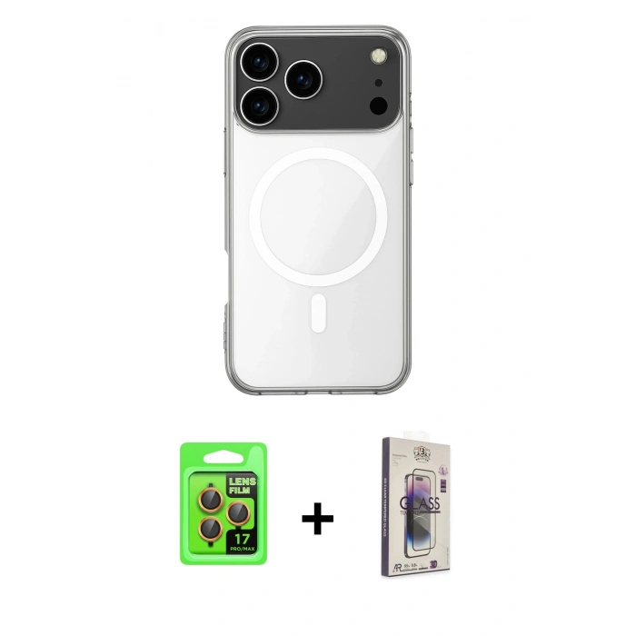 MARSİLYAN™- iPhone 17 Pro Kılıf Ahenk Yansıma Prime - Siyah Bilvis 3D Cam Ekran Koruyucu + Turuncu Raze Metal Kamera Lens