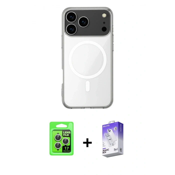 MARSİLYAN™- iPhone 17 Pro Kılıf Ahenk Yansıma Prime - Siyah Bilvis 5in1 3D Magic Cam Ekran Koruyucu + Gümüş Raze Metal Kamera Lens