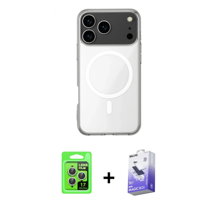 MARSİLYAN™- iPhone 17 Pro Kılıf Ahenk Yansıma Prime - Siyah Bilvis 5in1 5D Magic Hayalet Cam Ekran Koruyucu + Raze Metal Kamera Lens - GS