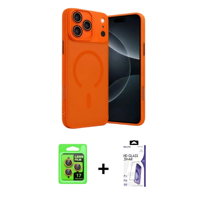 MARSİLYAN™- iPhone 17 Pro Kılıf Çekirdek Klasik Özel Seri - Siyah Bilvis 3X AR HD Cam Ekran Koruyucu + Raze Metal Kamera Lens - TU
