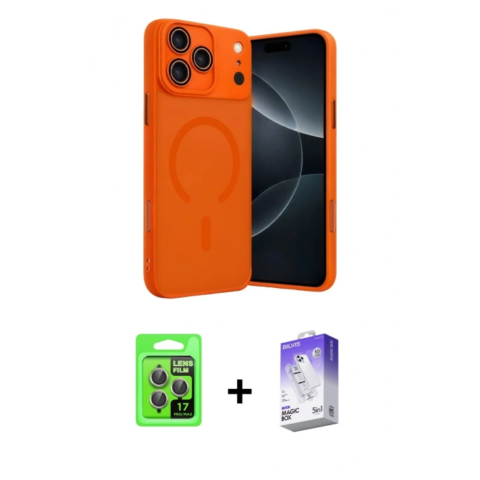 MARSİLYAN™- iPhone 17 Pro Kılıf Çekirdek Klasik Özel Seri - Siyah Bilvis 5in1 3D Magic Cam Ekran Koruyucu + Gri Raze Metal Kamera Lens