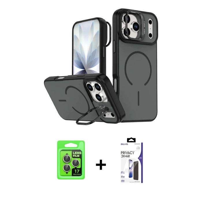 MARSİLYAN™- iPhone 17 Pro Kılıf Çekirdek Klasik - Siyah Bilvis 3X AR Hayalet Cam Ekran Koruyucu + Raze Metal Kamera Lens - GI