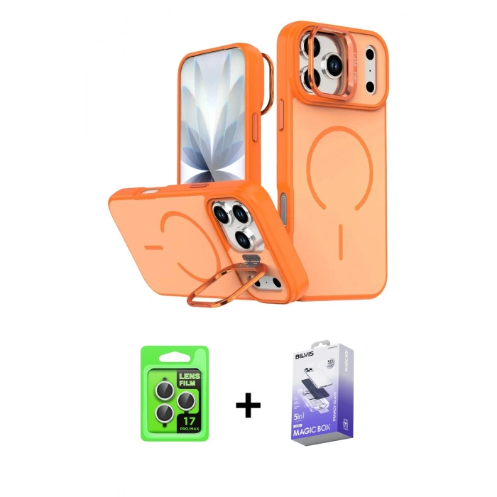 MARSİLYAN™- iPhone 17 Pro Kılıf Çekirdek Klasik - Siyah Bilvis 5in1 5D Magic Hayalet Cam Ekran Koruyucu + Raze Metal Kamera Lens - GS