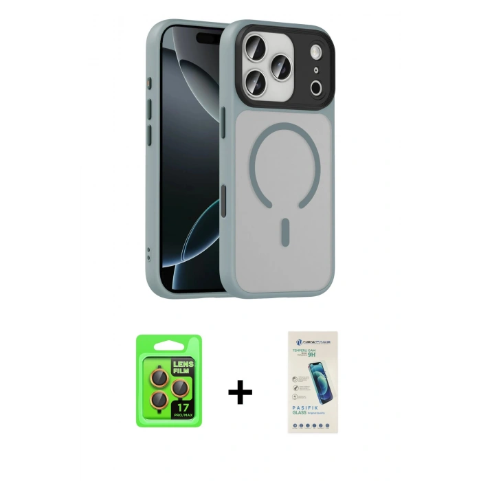 MARSİLYAN™- iPhone 17 Pro Kılıf Doruk Form Serisi - Şeffaf Pasifik Cam Ekran Koruyucu + Raze Metal Kamera Lens - TU