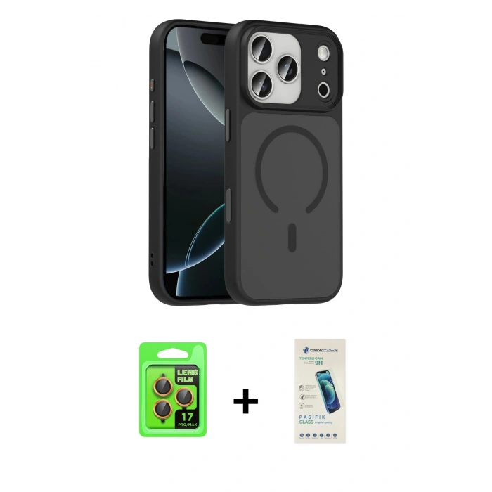 MARSİLYAN™- iPhone 17 Pro Kılıf Doruk Form Serisi - Şeffaf Pasifik Cam Ekran Koruyucu + Raze Metal Kamera Lens - TU