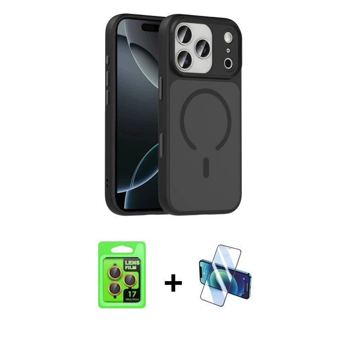 MARSİLYAN™- iPhone 17 Pro Kılıf Doruk Form Serisi - Siyah 3D Antistatik Cam Ekran Koruyucu + Raze Metal Kamera Lens - TU