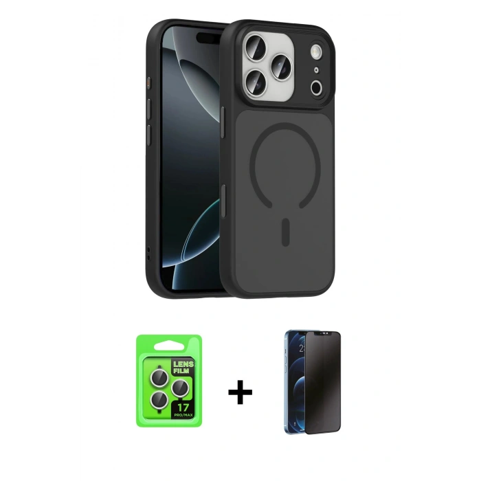 MARSİLYAN™- iPhone 17 Pro Kılıf Doruk Form Serisi - Siyah 3D Antistatik Hayalet Cam Ekran Koruyucu + Raze Metal Kamera Lens - GS