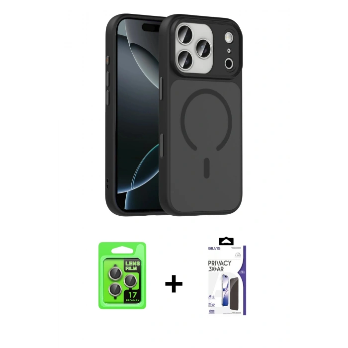 MARSİLYAN™- iPhone 17 Pro Kılıf Doruk Form Serisi - Siyah Bilvis 3X AR Hayalet Cam Ekran Koruyucu + Raze Metal Kamera Lens - GI