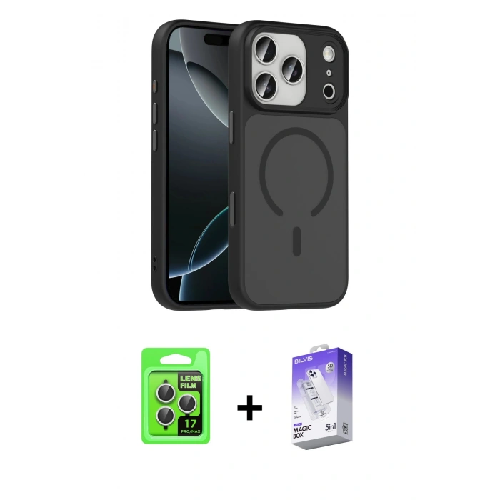 MARSİLYAN™- iPhone 17 Pro Kılıf Doruk Form Serisi - Siyah Bilvis 5in1 3D Magic Cam Ekran Koruyucu + Raze Metal Kamera Lens - GS