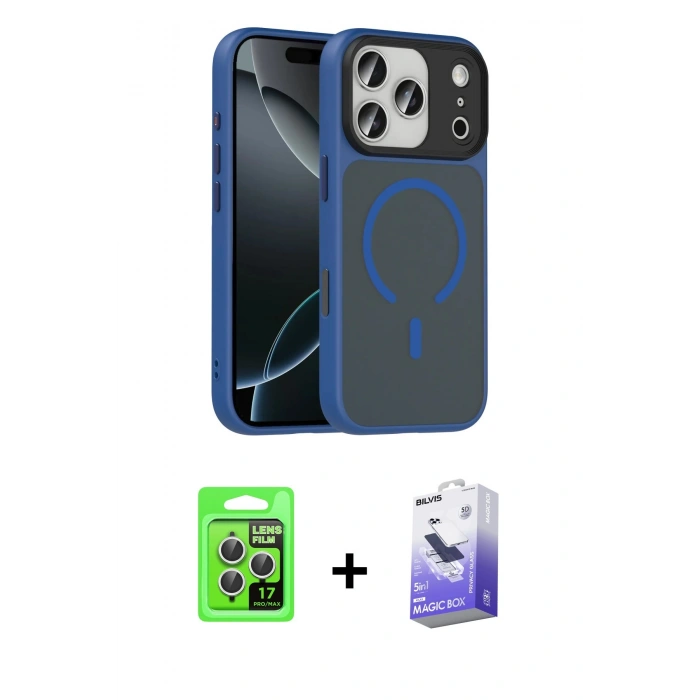 MARSİLYAN™- iPhone 17 Pro Kılıf Doruk Form Serisi - Siyah Bilvis 5in1 5D Magic Hayalet Cam Ekran Koruyucu + Gümüş Raze Metal Kamera Lens