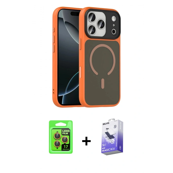 MARSİLYAN™- iPhone 17 Pro Kılıf Doruk Form Serisi - Siyah Bilvis 5in1 5D Magic Hayalet Cam Ekran Koruyucu + Raze Metal Kamera Lens - TU
