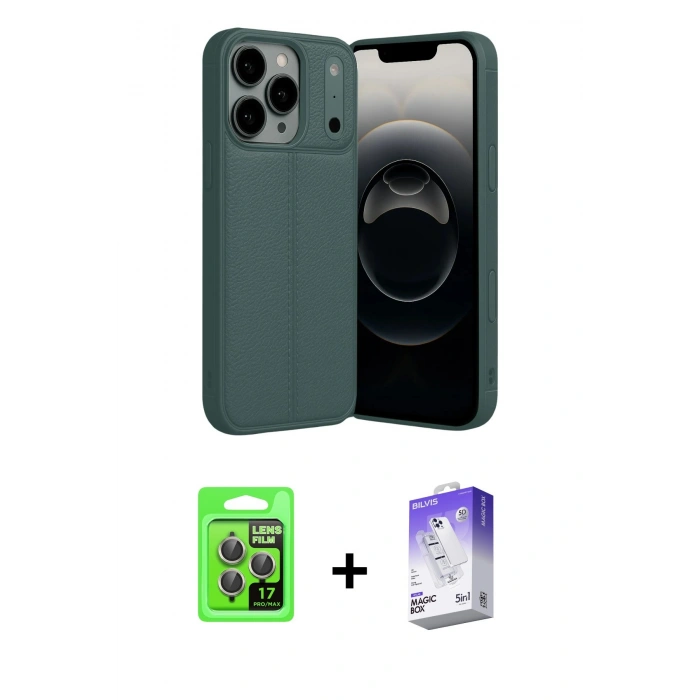 MARSİLYAN™- iPhone 17 Pro Kılıf Doruk Klasik Özel Seri - Siyah Bilvis 5in1 3D Magic Cam Ekran Koruyucu + Raze Metal Kamera Lens - GI