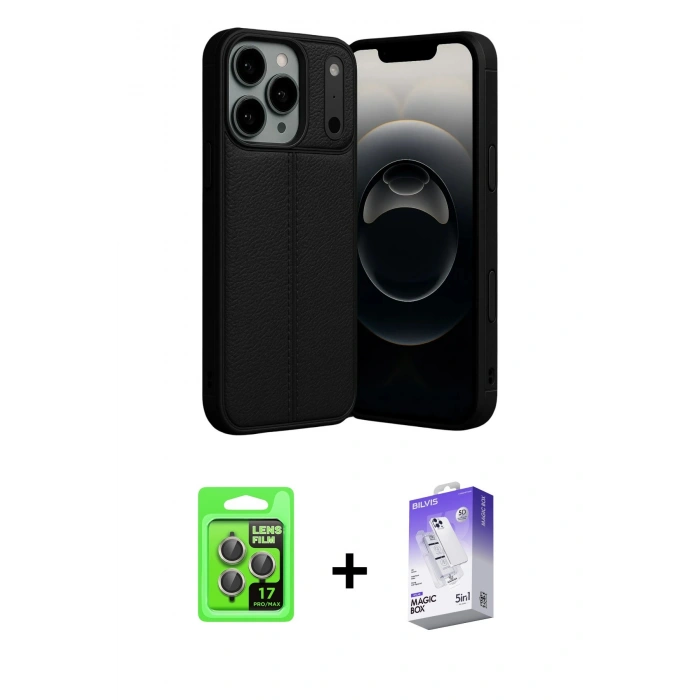 MARSİLYAN™- iPhone 17 Pro Kılıf Doruk Klasik Özel Seri - Siyah Bilvis 5in1 3D Magic Cam Ekran Koruyucu + Raze Metal Kamera Lens - GI
