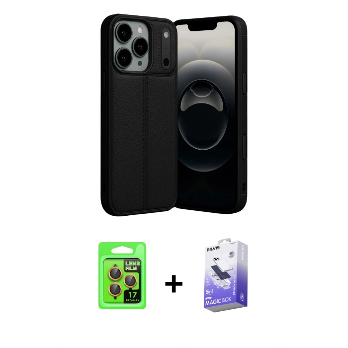 MARSİLYAN™- iPhone 17 Pro Kılıf Doruk Klasik Özel Seri - Siyah Bilvis 5in1 5D Magic Hayalet Cam Ekran Koruyucu + Raze Metal Kamera Lens - TU