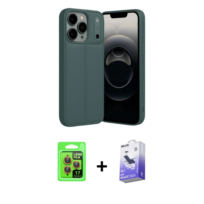 MARSİLYAN™- iPhone 17 Pro Kılıf Doruk Klasik Özel Seri - Siyah Bilvis 5in1 5D Magic Hayalet Cam Ekran Koruyucu + Raze Metal Kamera Lens - TU