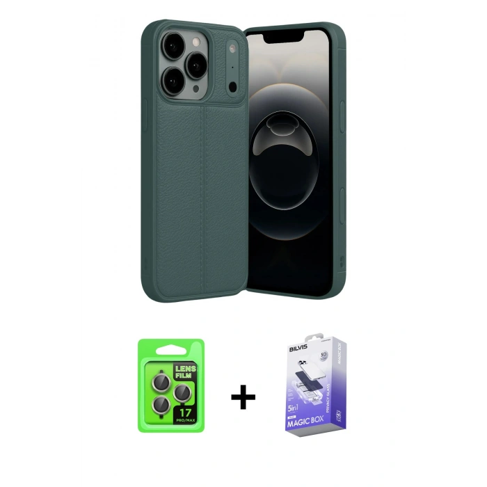 MARSİLYAN™- iPhone 17 Pro Kılıf Doruk Klasik Özel Seri - Siyah Bilvis 5in1 5D Magic Hayalet Cam Ekran Koruyucu + Raze Metal Kamera Lens - GI