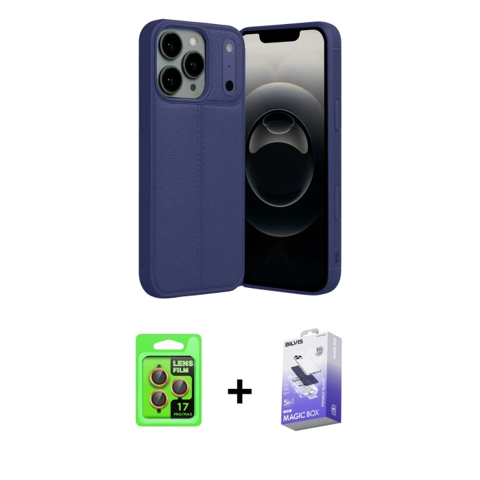 MARSİLYAN™- iPhone 17 Pro Kılıf Doruk Klasik Özel Seri - Siyah Bilvis 5in1 5D Magic Hayalet Cam Ekran Koruyucu + Raze Metal Kamera Lens - TU