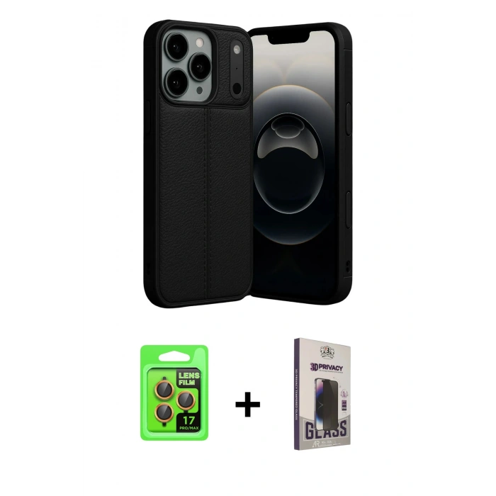 MARSİLYAN™- iPhone 17 Pro Kılıf Doruk Klasik Özel Seri - Siyah Bilvis Hayalet Cam Ekran Koruyucu + Raze Metal Kamera Lens - TU