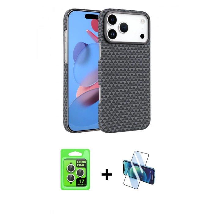 MARSİLYAN™- iPhone 17 Pro Kılıf Doruk Serisi - Siyah 3D Antistatik Seramik Nano Ekran Koruyucu + Raze Metal Kamera Lens - GS