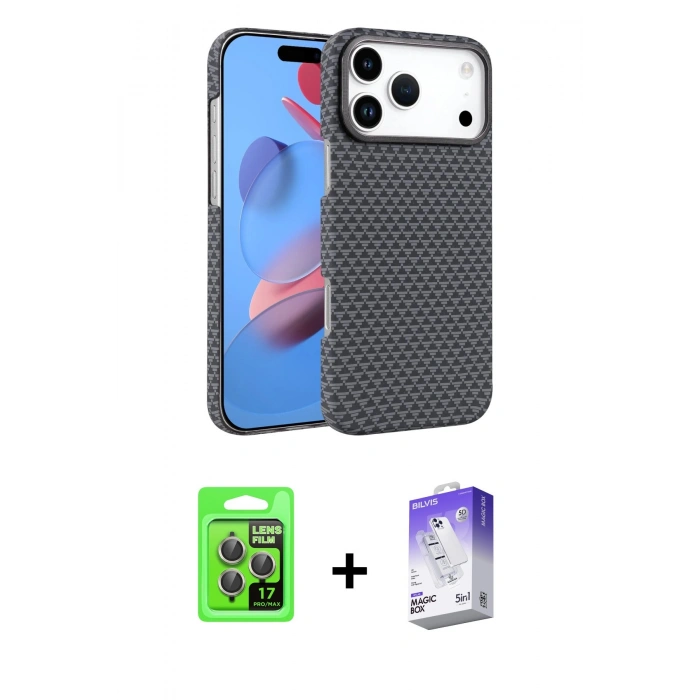 MARSİLYAN™- iPhone 17 Pro Kılıf Doruk Serisi - Siyah Bilvis 5in1 3D Magic Cam Ekran Koruyucu + Raze Metal Kamera Lens - GI