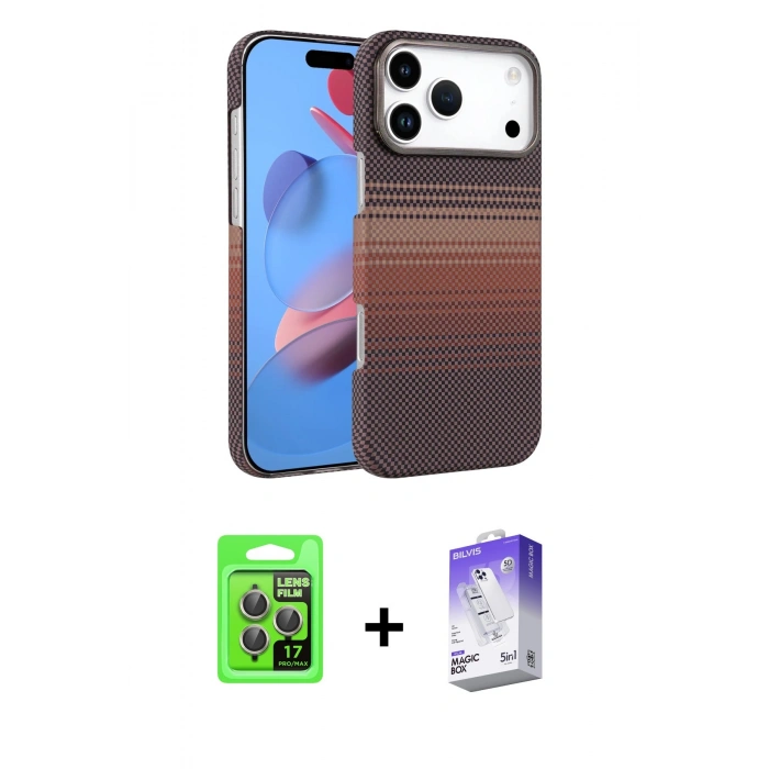 MARSİLYAN™- iPhone 17 Pro Kılıf Doruk Serisi - Siyah Bilvis 5in1 3D Magic Cam Ekran Koruyucu + Raze Metal Kamera Lens - GI