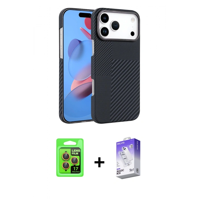 MARSİLYAN™- iPhone 17 Pro Kılıf Doruk Serisi - Siyah Bilvis 5in1 3D Magic Cam Ekran Koruyucu + Raze Metal Kamera Lens - TU