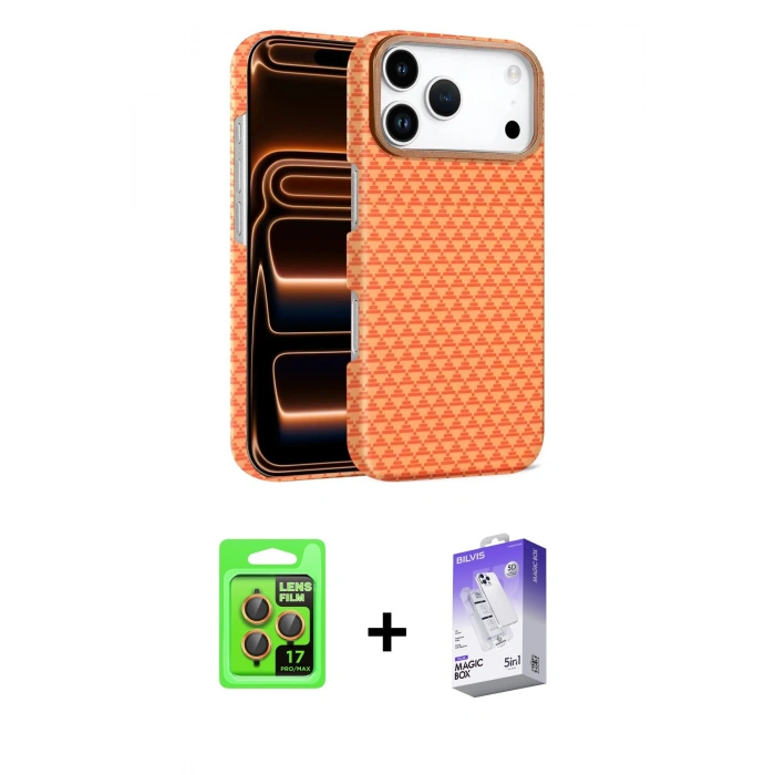 MARSİLYAN™- iPhone 17 Pro Kılıf Doruk Serisi - Siyah Bilvis 5in1 3D Magic Cam Ekran Koruyucu + Raze Metal Kamera Lens - TU