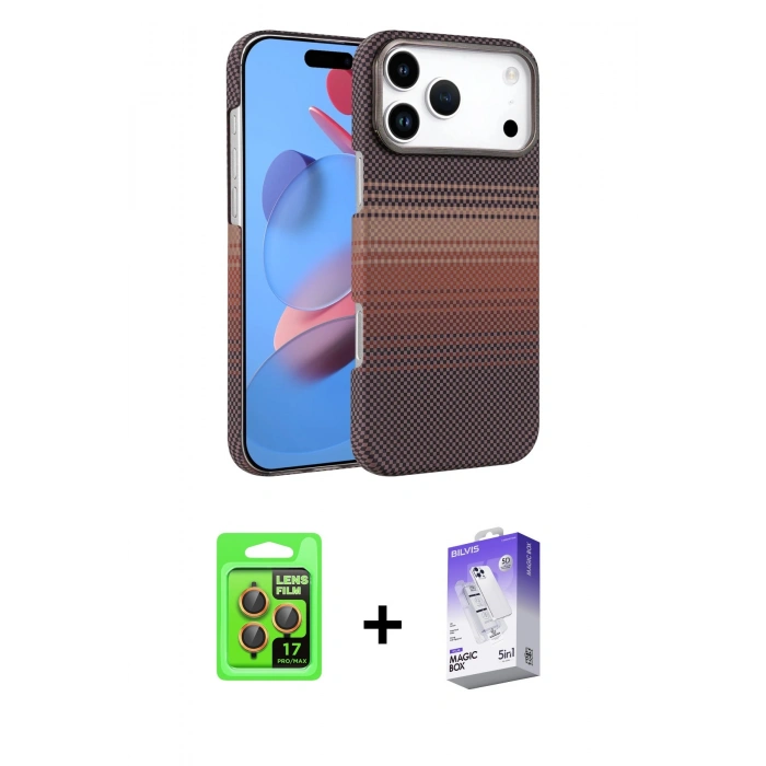MARSİLYAN™- iPhone 17 Pro Kılıf Doruk Serisi - Siyah Bilvis 5in1 3D Magic Cam Ekran Koruyucu + Raze Metal Kamera Lens - TU