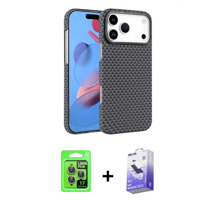 MARSİLYAN™- iPhone 17 Pro Kılıf Doruk Serisi - Siyah Bilvis 5in1 5D Magic Hayalet Cam Ekran Koruyucu + Raze Metal Kamera Lens - GI