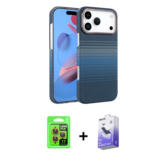 MARSİLYAN™- iPhone 17 Pro Kılıf Doruk Serisi - Siyah Bilvis 5in1 5D Magic Hayalet Cam Ekran Koruyucu + Raze Metal Kamera Lens - TU