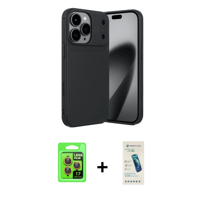 MARSİLYAN™- iPhone 17 Pro Kılıf Eksen Form Prime - Şeffaf Pasifik Cam Ekran Koruyucu + Raze Metal Kamera Lens - TU