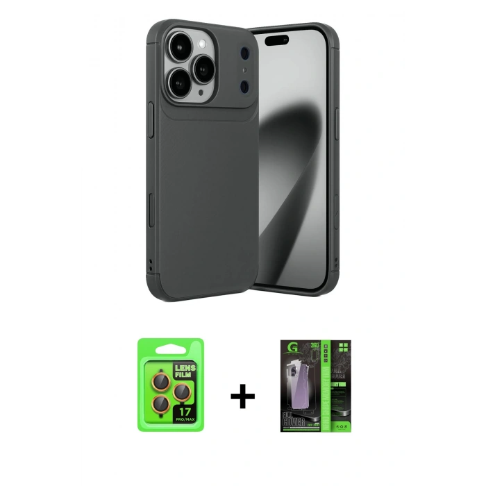 MARSİLYAN™- iPhone 17 Pro Kılıf Eksen Form Prime - Siyah 360 Mat Full Body Arka Koruyucu + Raze Metal Kamera Lens - TU