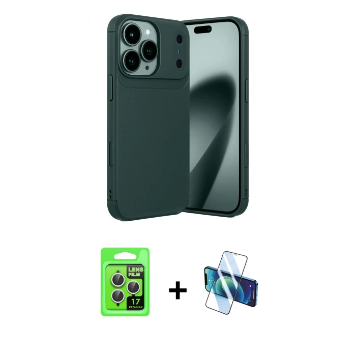 MARSİLYAN™- iPhone 17 Pro Kılıf Eksen Form Prime - Siyah 3D Antistatik Cam Ekran Koruyucu + Gümüş Raze Metal Kamera Lens