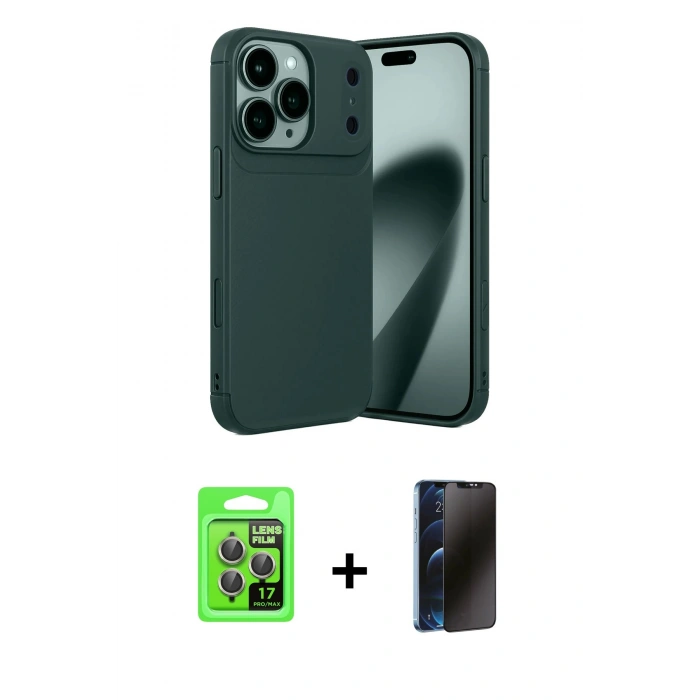MARSİLYAN™- iPhone 17 Pro Kılıf Eksen Form Prime - Siyah 3D Antistatik Hayalet Cam Ekran Koruyucu + Gri Raze Metal Kamera Lens