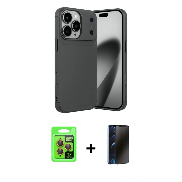 MARSİLYAN™- iPhone 17 Pro Kılıf Eksen Form Prime - Siyah 3D Antistatik Hayalet Cam Ekran Koruyucu + Raze Metal Kamera Lens - TU