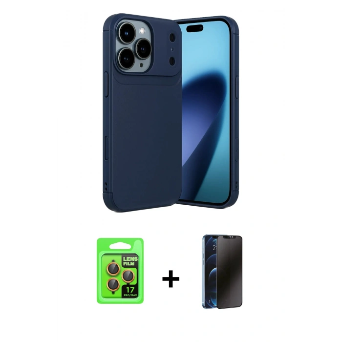 MARSİLYAN™- iPhone 17 Pro Kılıf Eksen Form Prime - Siyah 3D Antistatik Hayalet Cam Ekran Koruyucu + Raze Metal Kamera Lens - TU