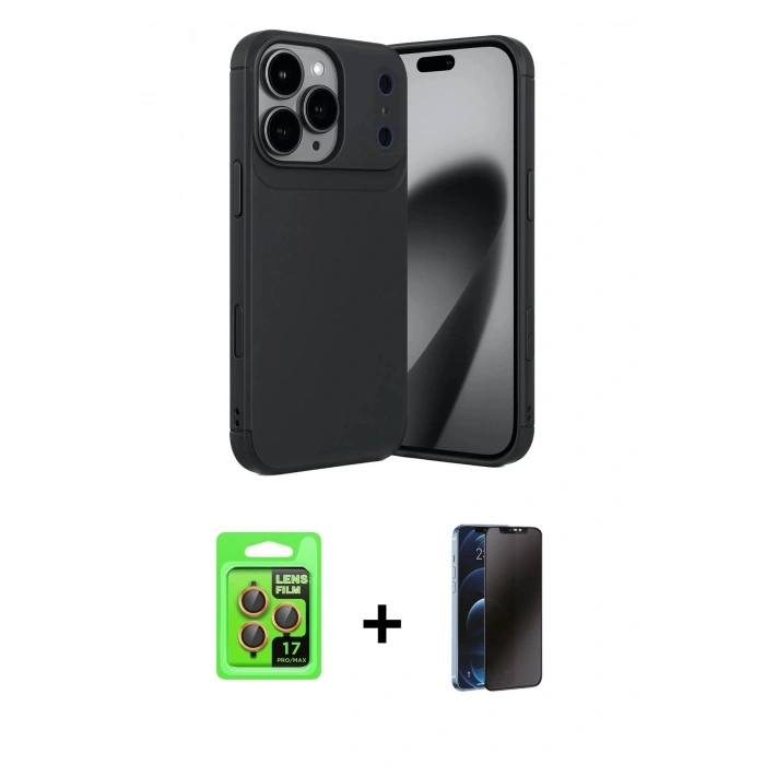 MARSİLYAN™- iPhone 17 Pro Kılıf Eksen Form Prime - Siyah 3D Antistatik Hayalet Cam Ekran Koruyucu + Raze Metal Kamera Lens - TU