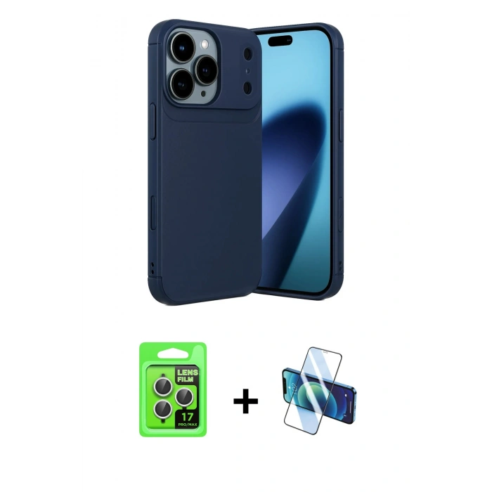 MARSİLYAN™- iPhone 17 Pro Kılıf Eksen Form Prime - Siyah 3D Antistatik Seramik Nano Ekran Koruyucu + Raze Metal Kamera Lens - GS