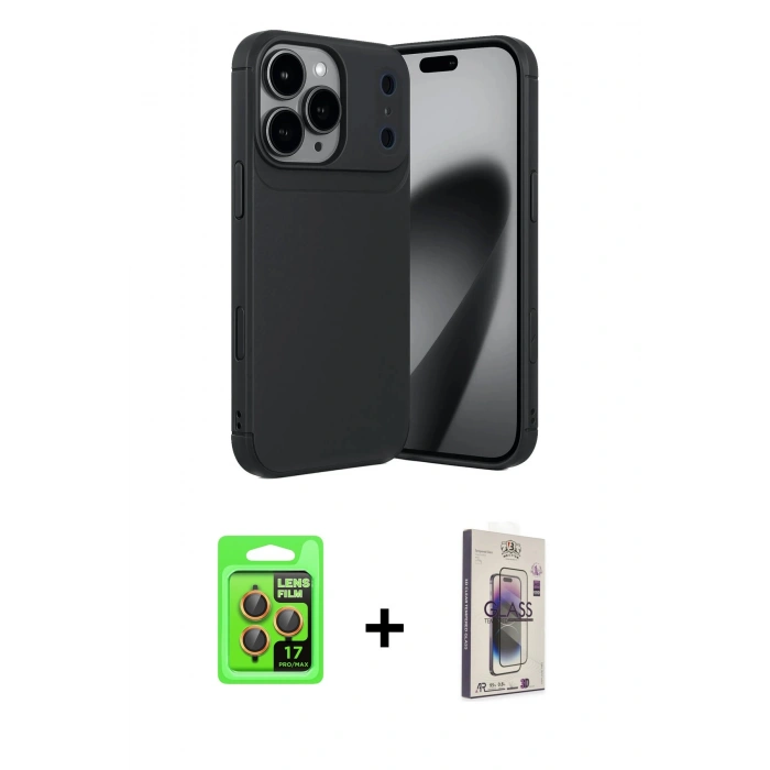 MARSİLYAN™- iPhone 17 Pro Kılıf Eksen Form Prime - Siyah Bilvis 3D Cam Ekran Koruyucu + Raze Metal Kamera Lens - TU