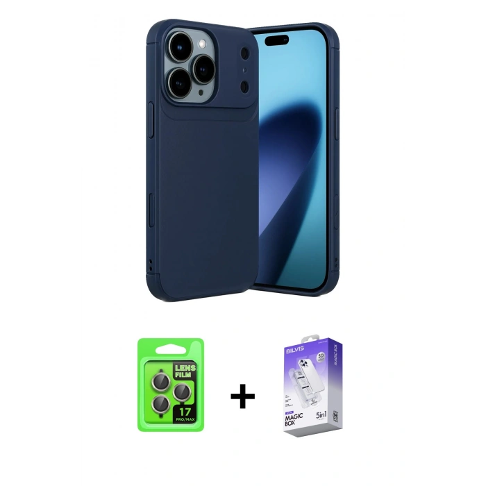 MARSİLYAN™- iPhone 17 Pro Kılıf Eksen Form Prime - Siyah Bilvis 5in1 3D Magic Cam Ekran Koruyucu + Raze Metal Kamera Lens - GI