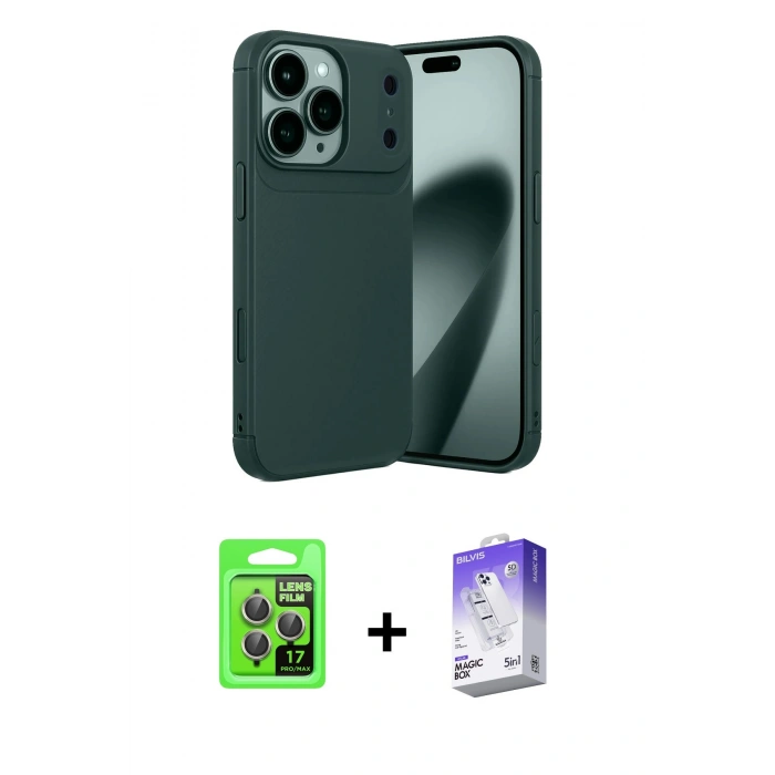 MARSİLYAN™- iPhone 17 Pro Kılıf Eksen Form Prime - Siyah Bilvis 5in1 3D Magic Cam Ekran Koruyucu + Raze Metal Kamera Lens - GI