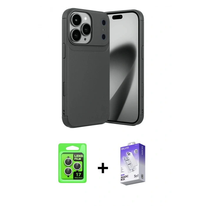 MARSİLYAN™- iPhone 17 Pro Kılıf Eksen Form Prime - Siyah Bilvis 5in1 3D Magic Cam Ekran Koruyucu + Gümüş Raze Metal Kamera Lens