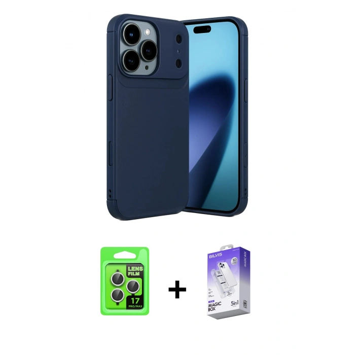 MARSİLYAN™- iPhone 17 Pro Kılıf Eksen Form Prime - Siyah Bilvis 5in1 3D Magic Cam Ekran Koruyucu + Gümüş Raze Metal Kamera Lens