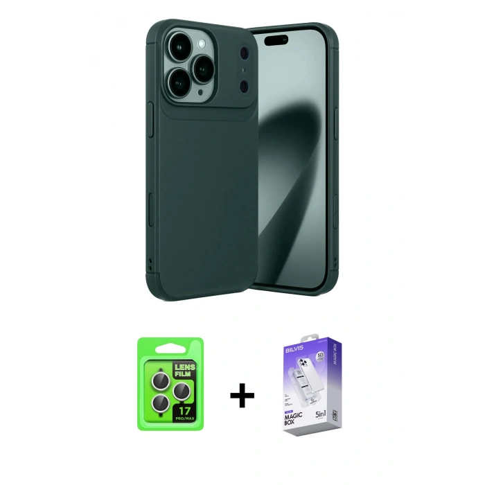 MARSİLYAN™- iPhone 17 Pro Kılıf Eksen Form Prime - Siyah Bilvis 5in1 3D Magic Cam Ekran Koruyucu + Gümüş Raze Metal Kamera Lens